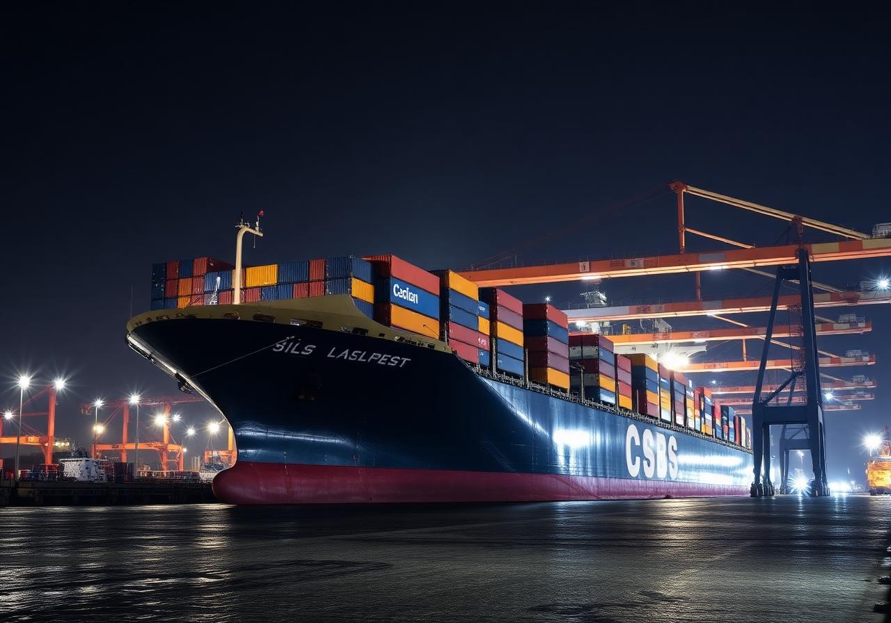 Container ship loading at night