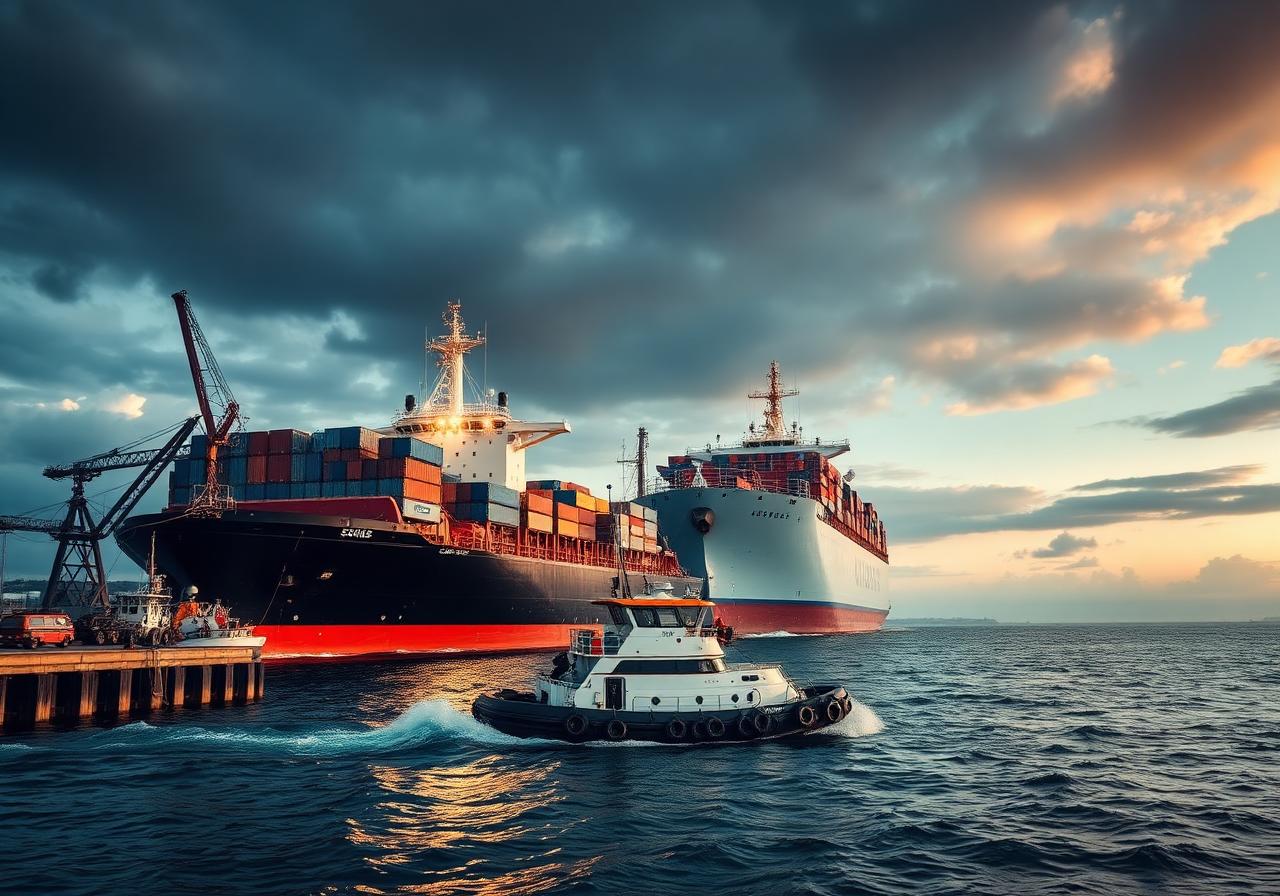 Tugboat assisting cargo ship